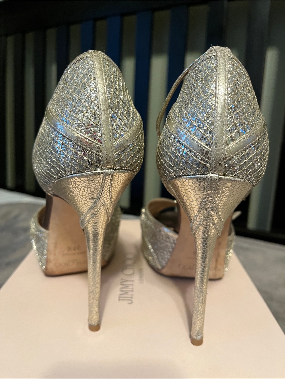 Jimmy Choo Silver Glitter D'Orsay Stiletto Heels